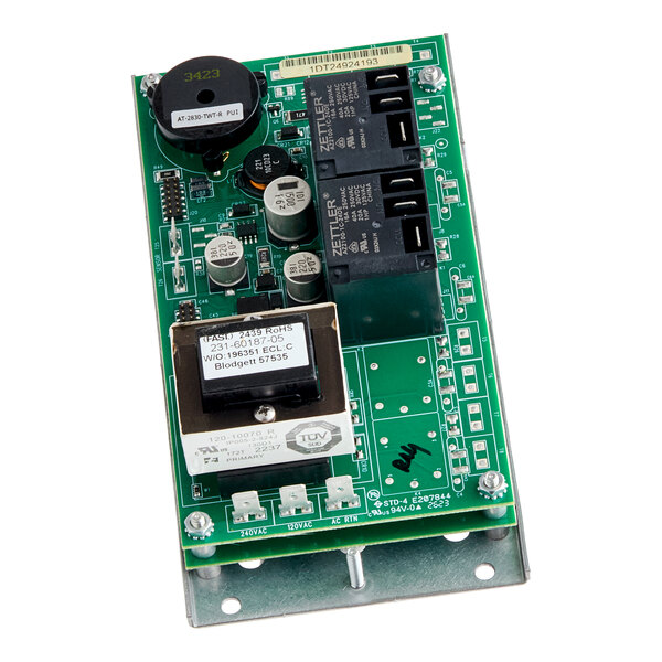 A green power supply board for a Blodgett convection oven with black and white components.