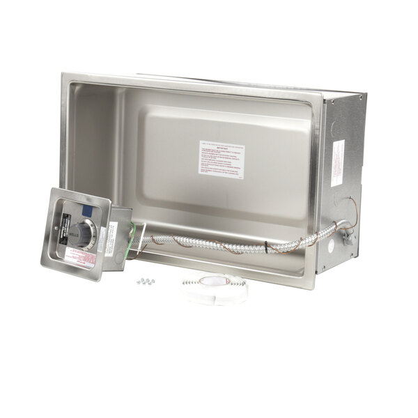A stainless steel metal box with a door, dial, and wires.