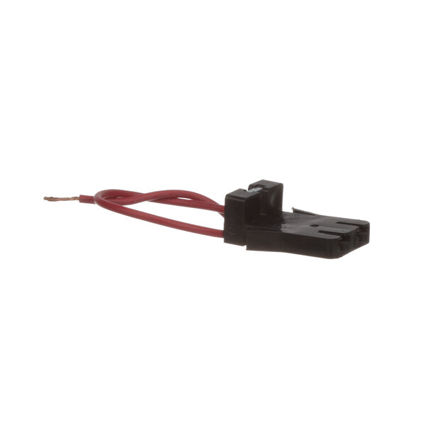 A black Barker lamp holder with a red and black wire connector.