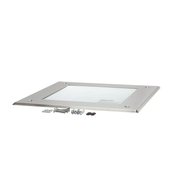 A white rectangular metal plate with screws.
