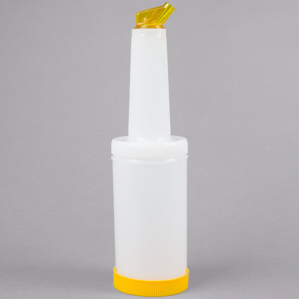 A white plastic bottle with a yellow cap.
