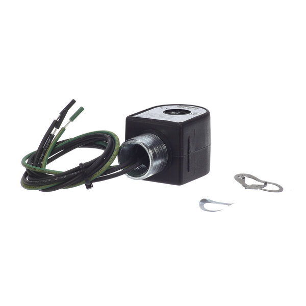 A black Gaylord solenoid coil with wires and a pipe.