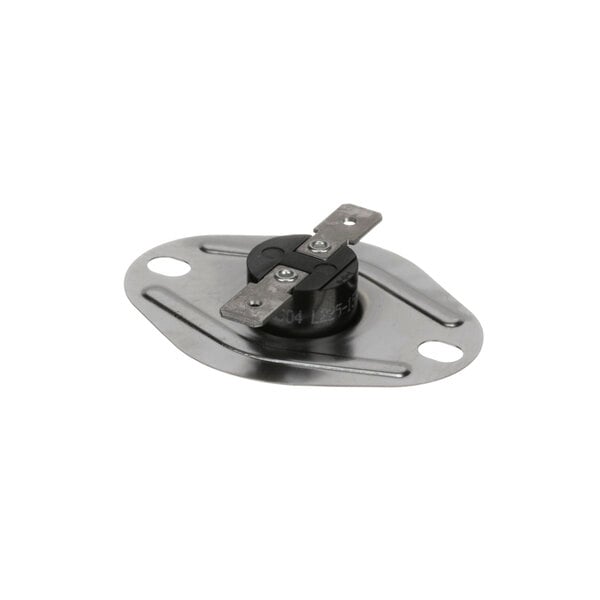 A metal plate with a black circle and two screws on it.