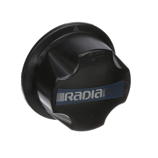 a black plastic object with a white text