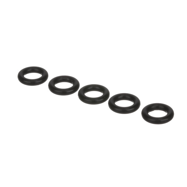 A row of five black Rinnai O-rings on a white surface.
