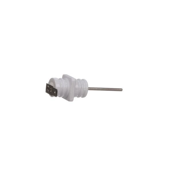 A white plastic screw with a black metal strip.