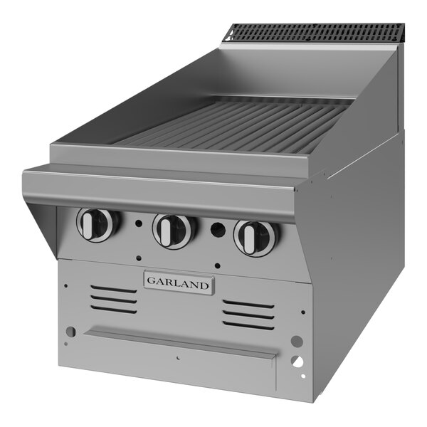 A stainless steel 17-inch briquette charbroiler with three control knobs, designed for commercial kitchen use.