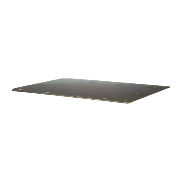 A black metal rectangular plate with holes.