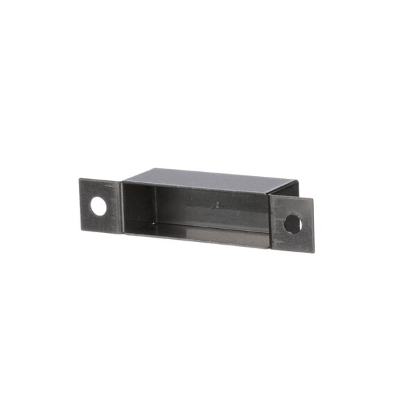 A black rectangular metal bracket with two holes.