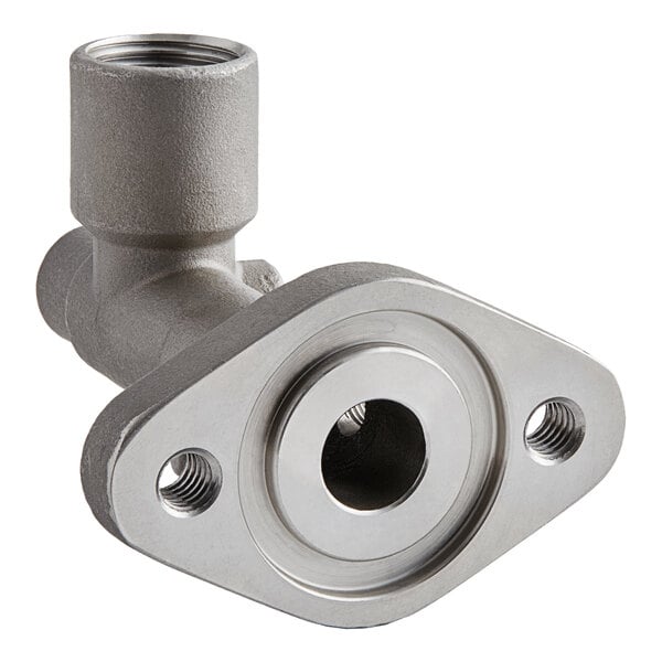 A close-up of a stainless steel Hobart dishwasher rinse manifold with a nut.