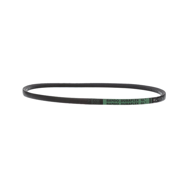 A black V-Belt with green stripes and a green label.
