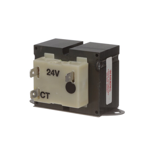 A close-up of a white and black Newco transformer.