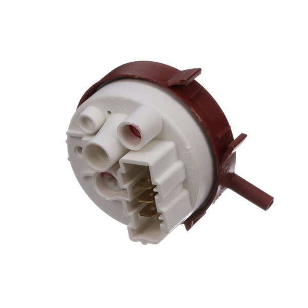 A close-up of a white and red Fagor Commercial Presostat with two holes.