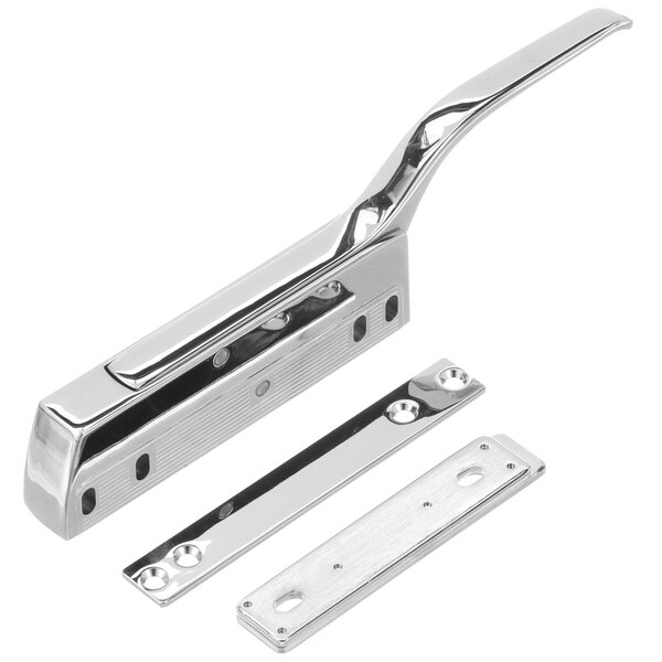 A close-up of a chrome Component Hardware handle and latch.