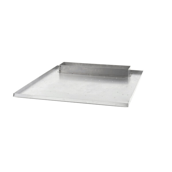 A metal tray with a rectangular object on it.