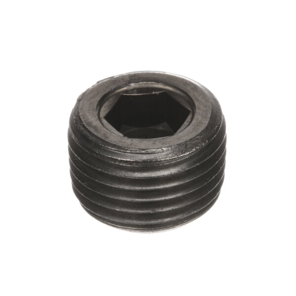 A black threaded pipe plug.