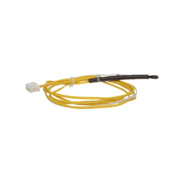 A close-up of a yellow thermistor lead with a black connector on the end.