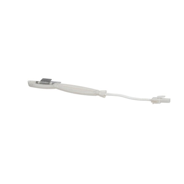 A white cord with a metal clip on a white background.