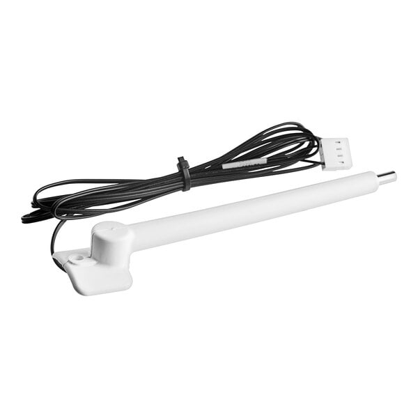 A white thermostat probe with black wires.