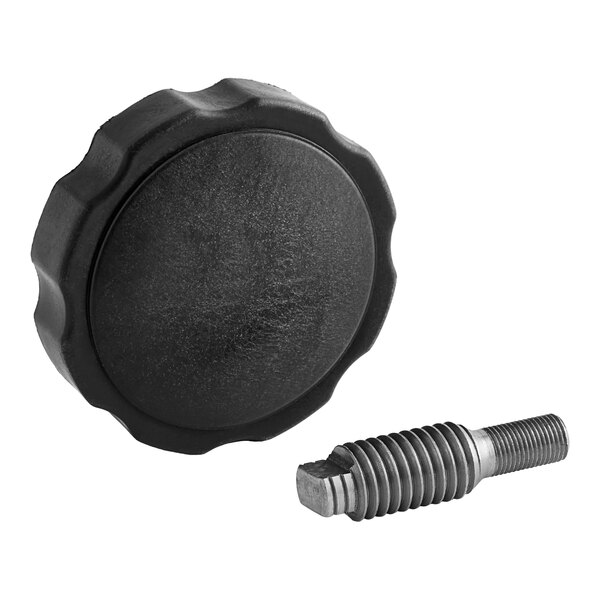 A black plastic Hobart fluted knob and bolt.