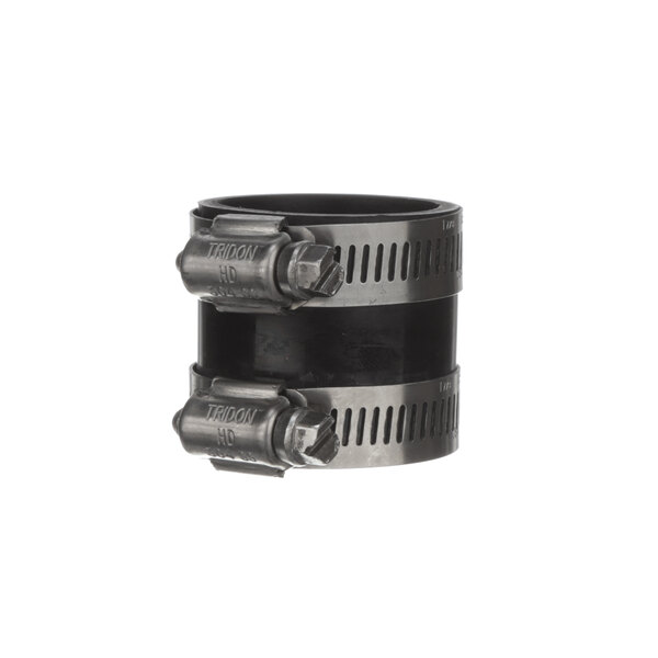 A pair of black metal hose clamps on a white background.