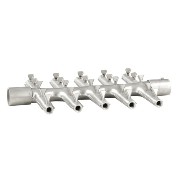 A silver metal Stero manifold with five pipes and many holes.