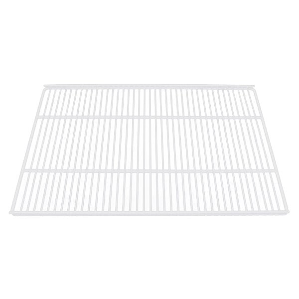 A white coated metal grid shelf.