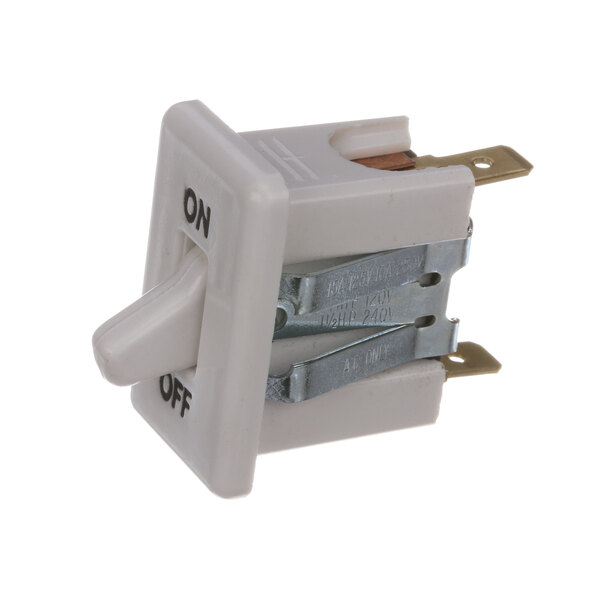 A close-up of a white Hill Phoenix light switch with black text on it.