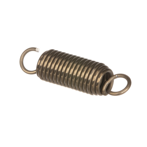 A close-up of a metal spring coil with a metal hook on one end.