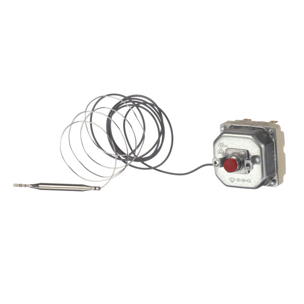 A small metal Electrolux Hi Limit device with a red button and black and white wires.