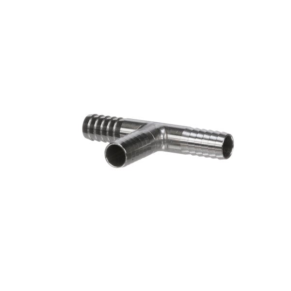 A stainless steel Lancer Tee Hose Barb with a small hole.