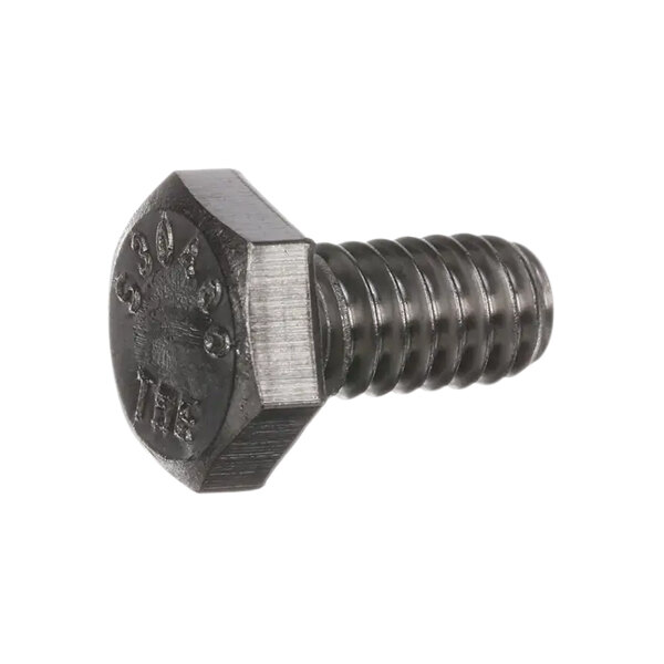 A close-up of a Mannhart bolt with a hex head.