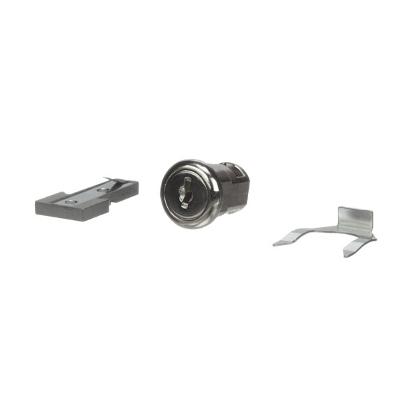 A close up of a Kelvinator Door Lock Assembly with two metal parts and a screw.