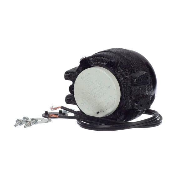 A black circular motor with a white circle on it and a wire.