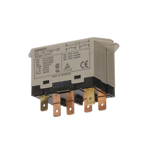 A close-up of a Pitco relay with two wires.