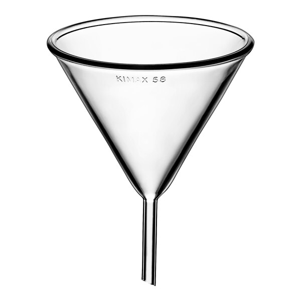 A clear glass funnel with a long stem.