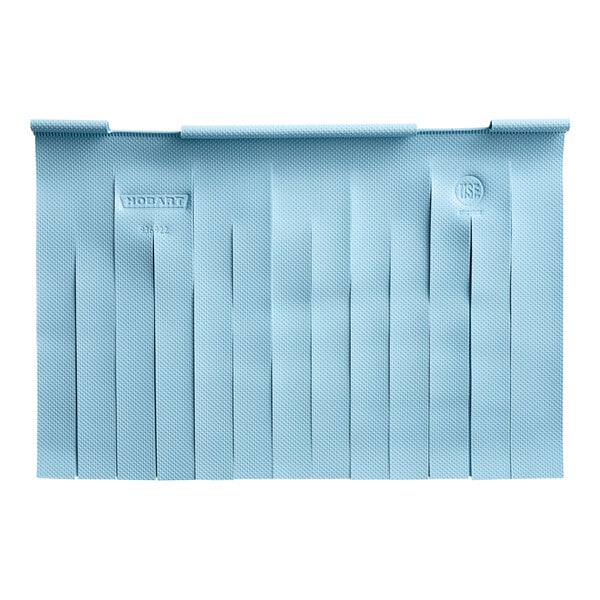 A blue plastic curtain with a handle.
