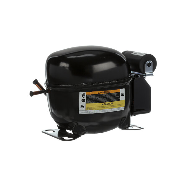 a black air compressor with a label