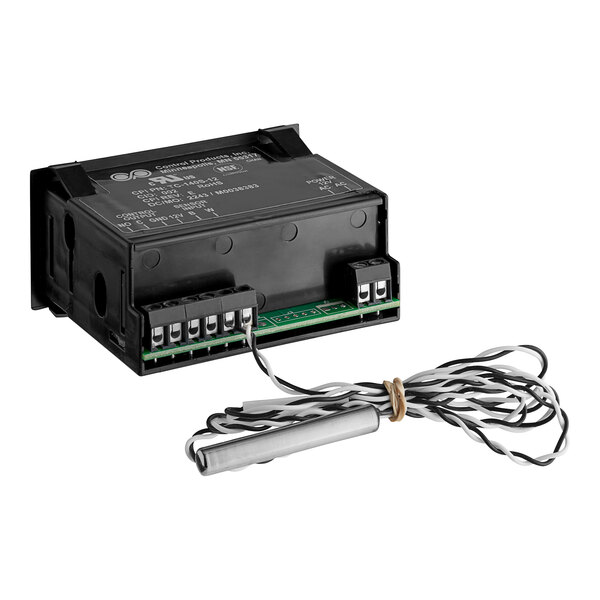 A black Cres Cor thermostat with wires and a cord.