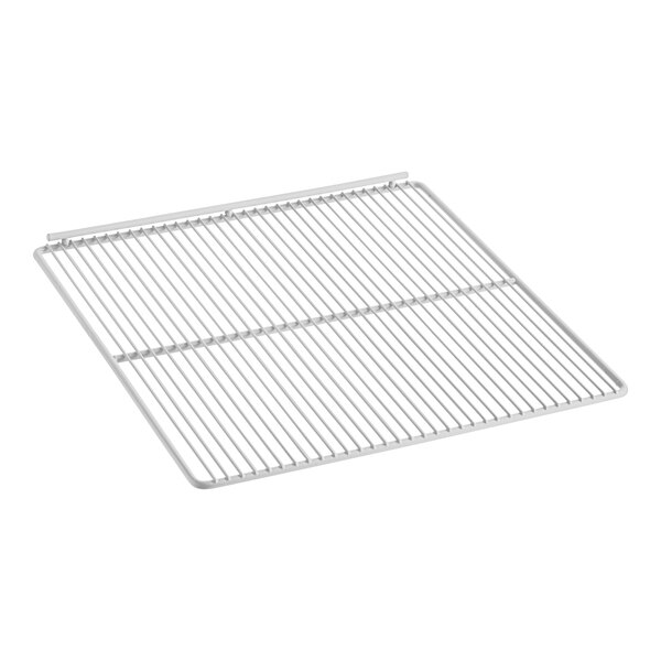 A white wire shelf with a metal grid.