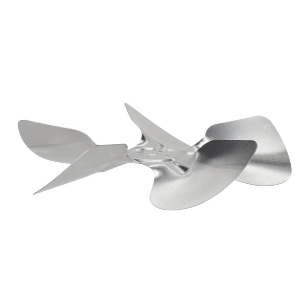 A close-up of a metal Kelvinator fan blade with a silver propeller.