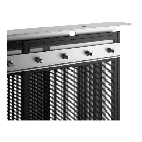 A mesh strip door and insect barrier with a metal frame and multiple control knobs.