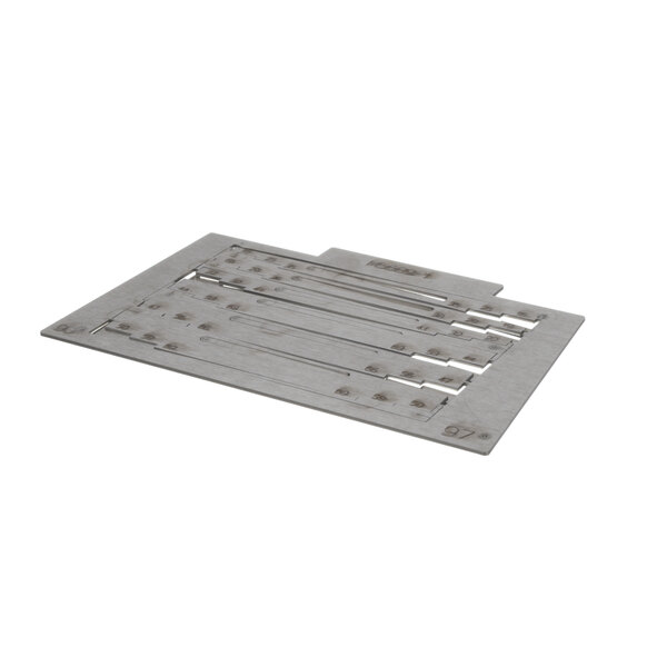 A grey metal Baxter rack oven gauge with holes.