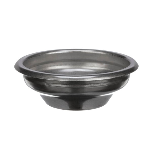 A black Quality Espresso filter basket with a silver rim.