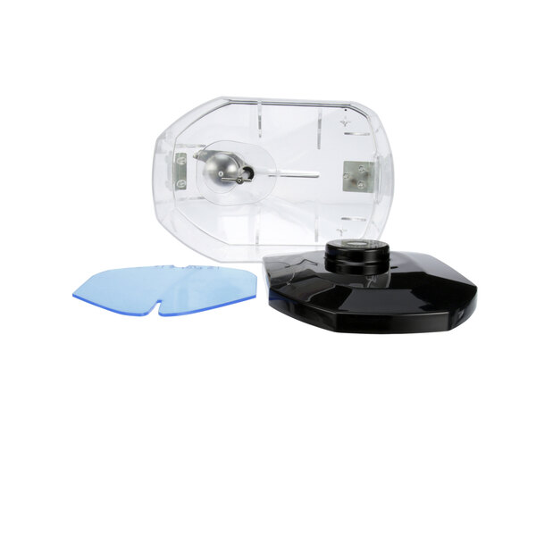 A clear plastic container with a blue lid.