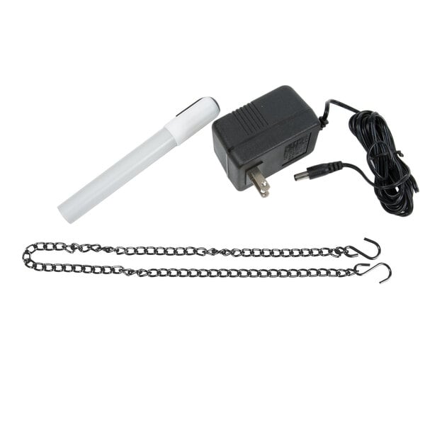 A black lighted write-on markerboard with a white pen and chain.