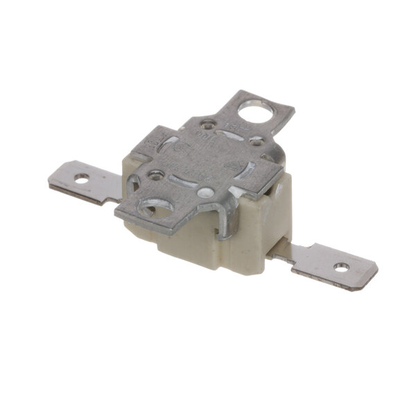 A close-up of a small white and silver Klixon switch.