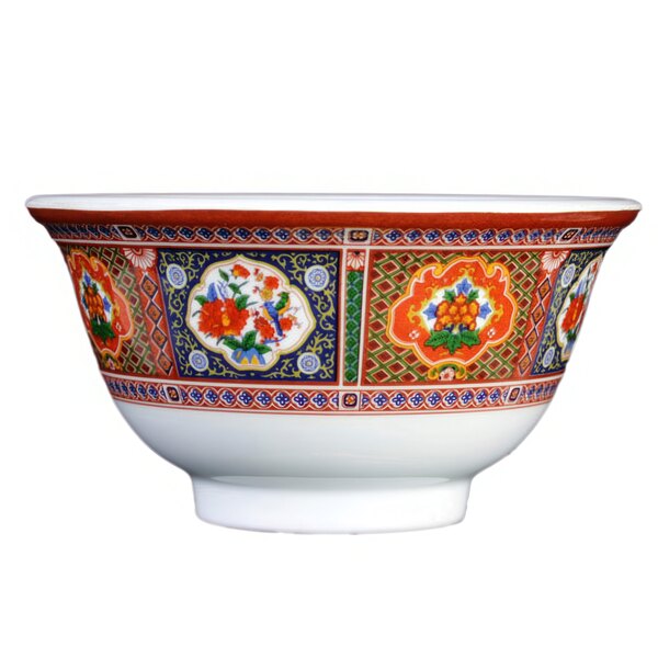 A close-up of a Thunder Group Peacock melamine bowl with colorful designs.