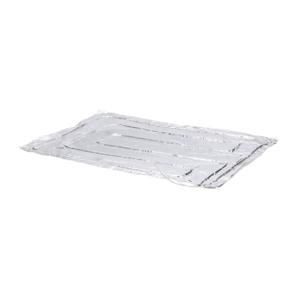 A silver square shelf with a wire.