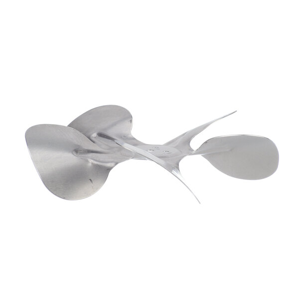 A close-up of a silver metal Habco fan blade with a propeller shape.